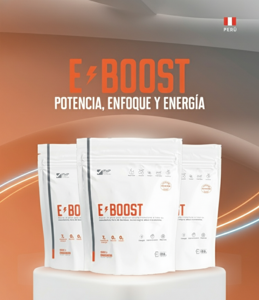 E-BOOST : Potencia, Enfoque y Energía Saludable | Formulado con Maca Negra, Guaraná y BCAA's | Sabor Mandarina - 196g (28 Dosis)