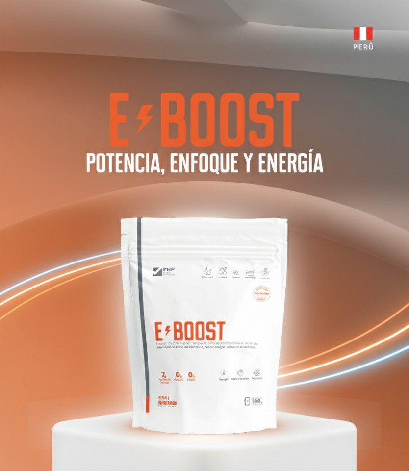 E-BOOST : Potencia, Enfoque y Energía Saludable | Formulado con Maca Negra, Guaraná y BCAA's | Sabor Mandarina - 196g (28 Dosis)