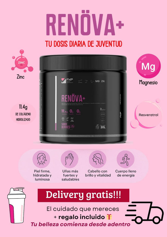 Renova+ FWP: Colágeno Doblemente Hidrolizado con Biopéptidos Activos, Resveratrol y Q10 | Sabor Berries - 315g (21 Días)